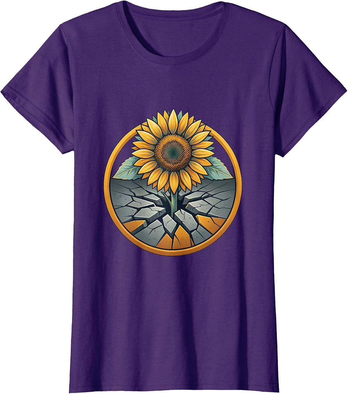 Women's Neurodiversity Sunflower Through Cracked Concrete T-Shirt - Purple