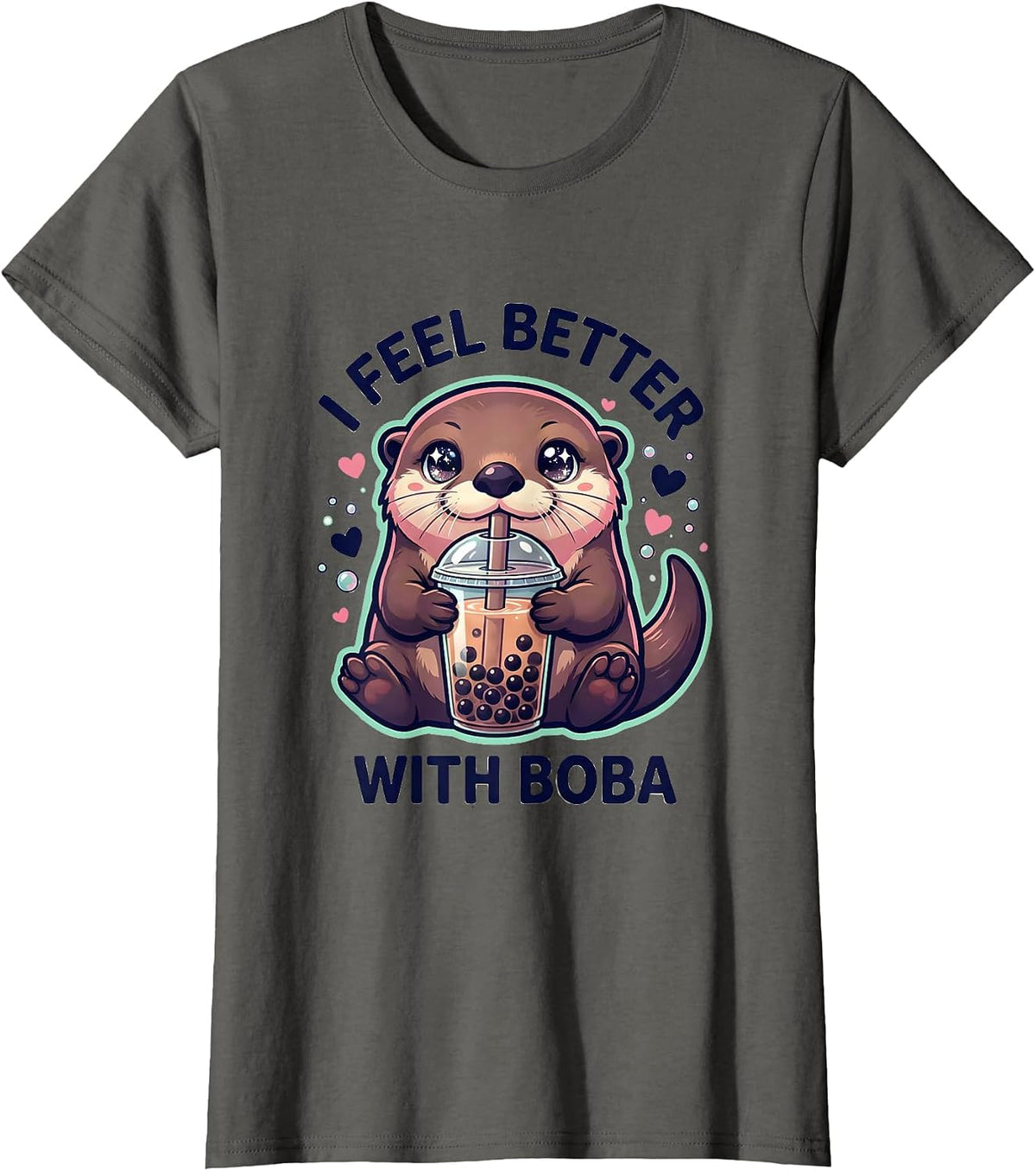 Women's I Feel Better With Boba Kawaii Anime Otter Boba Tea Lover T-Shirt - Asphalt Grey