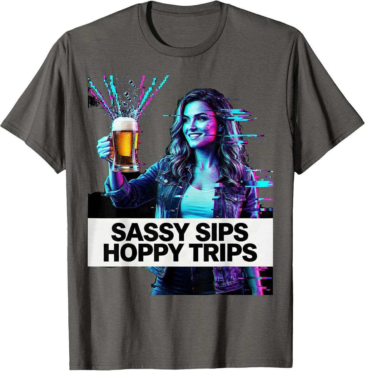 Sassy Sips Hoppy Trips Beer Lover Design T-Shirt - Asphalt Grey