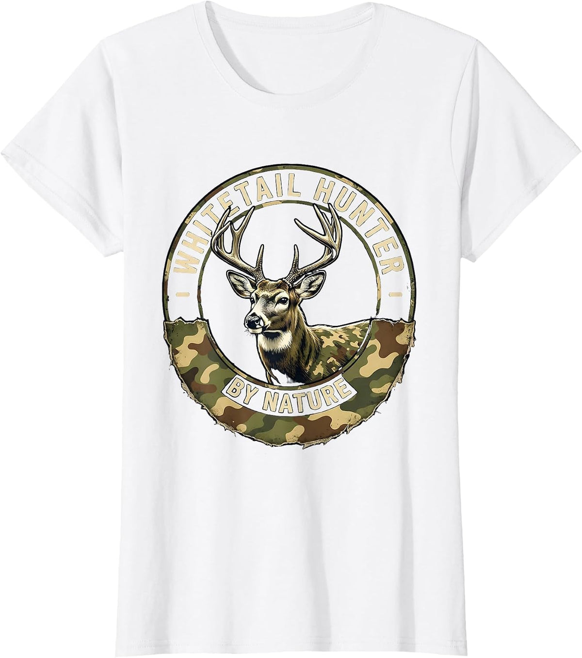 Whitetail Hunter By Nature Distressed Camo Dad Humor T-Shirt - White