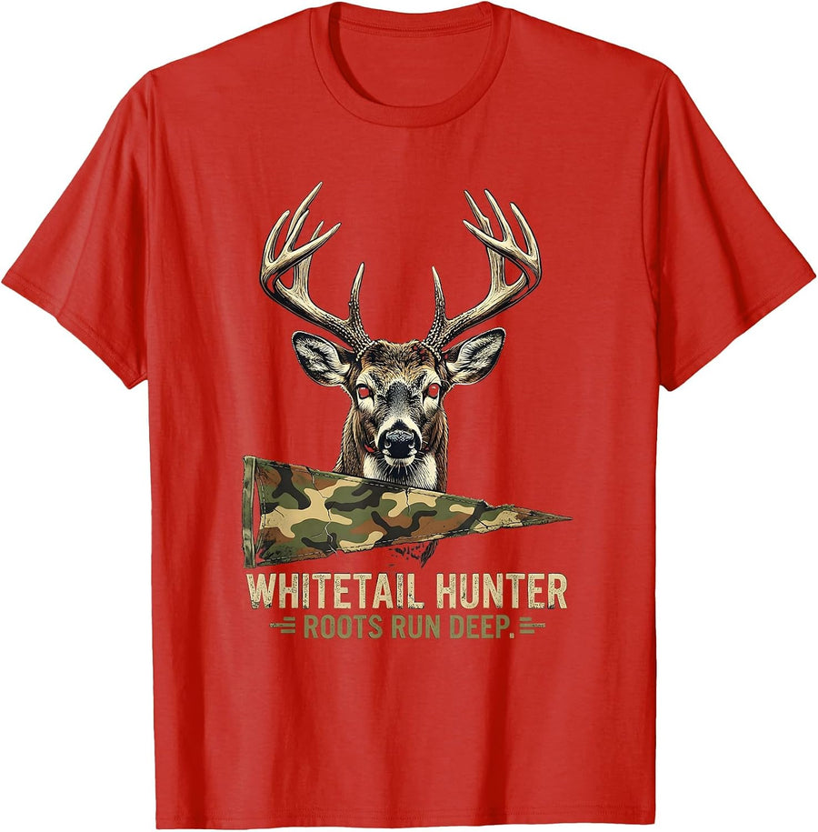 Men's Whitetail Hunter Roots Run Deep Distressed Camo Dad Humor T-Shirt - Red
