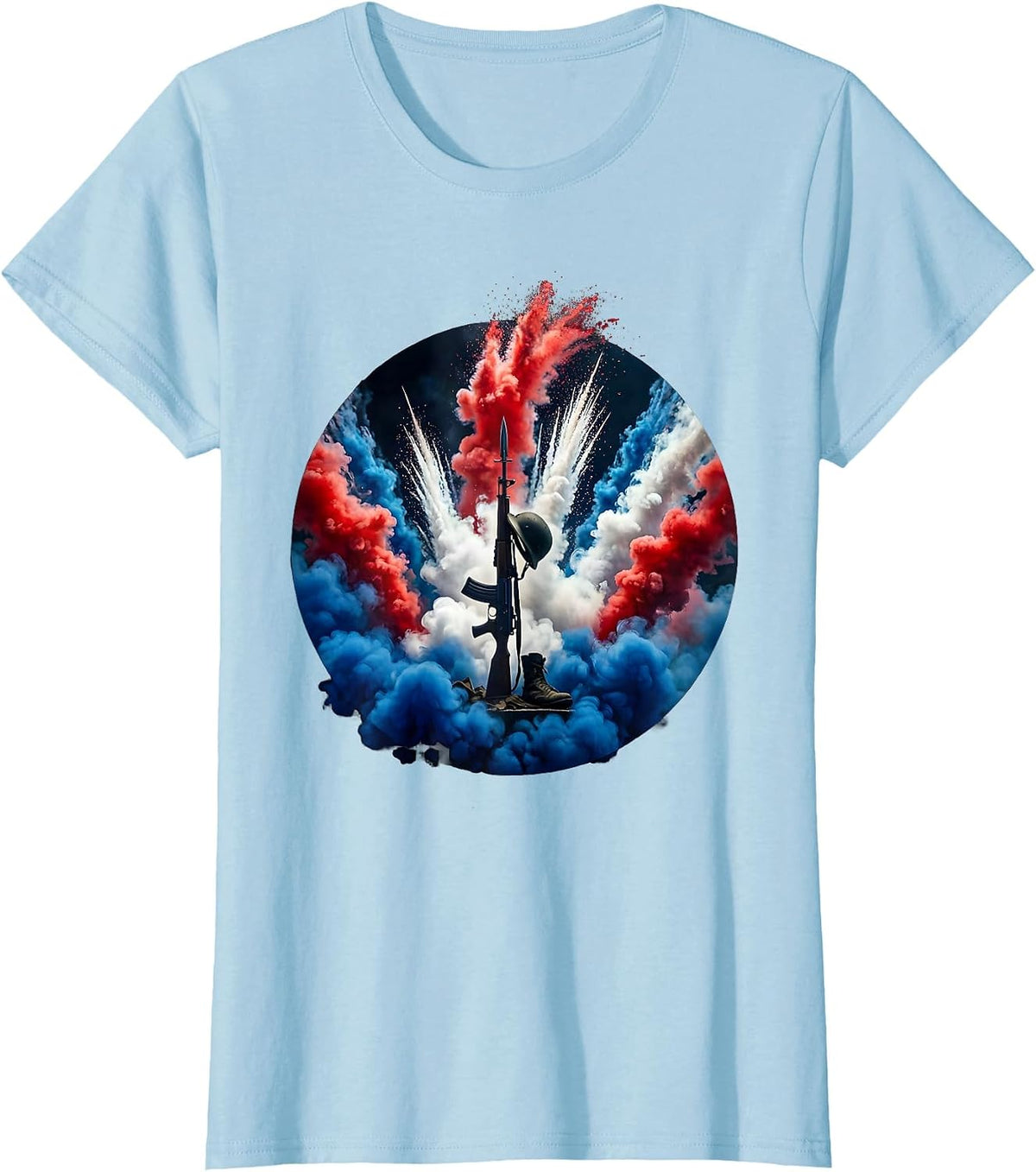 Soldier Boots Helmet Rifle Memorial Patriotic T-Shirt - Baby Blue
