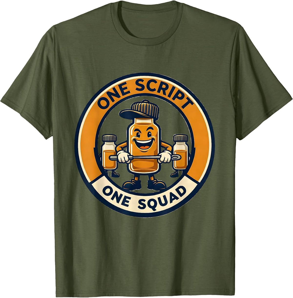 Men's One Script One Squad Cute Pharmacy Tech Squad Humor T-Shirt - Olive Green