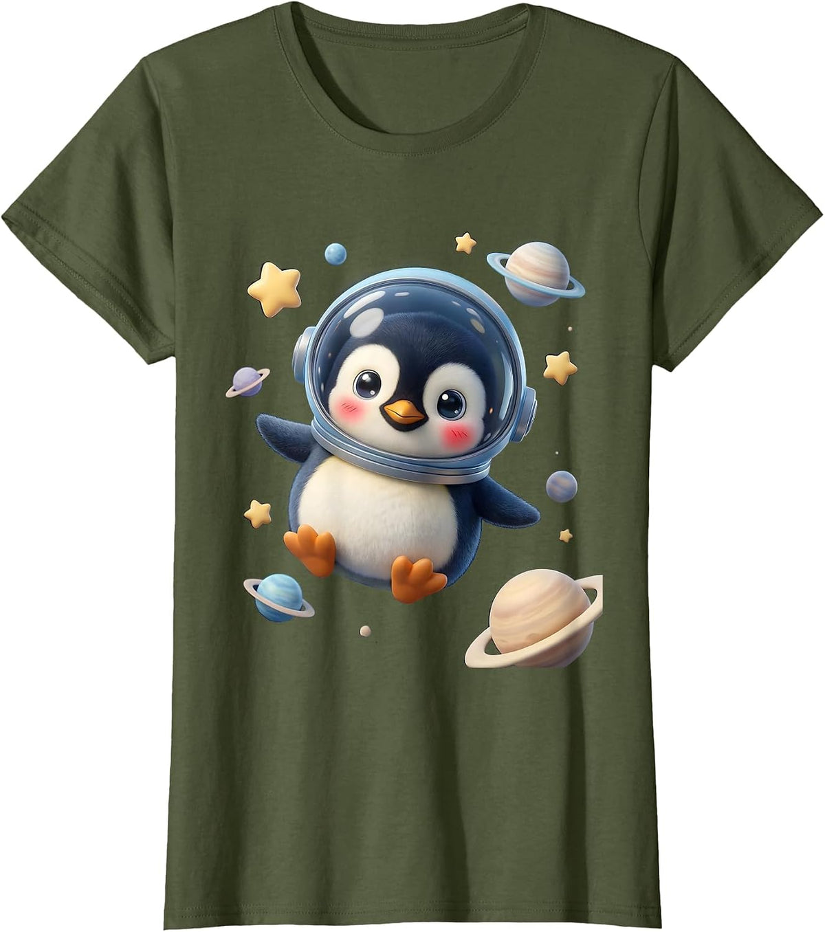 Women's Penguin Astronaut Floating in Outer Space T-Shirt - Olive Green
