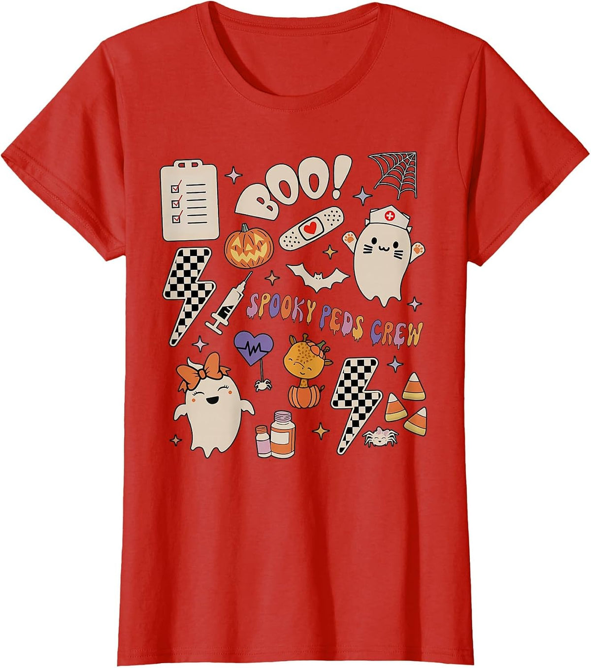 Boo Spooky PEDS Crew Ghost Pediatric Nurse Halloween T-Shirt - Red