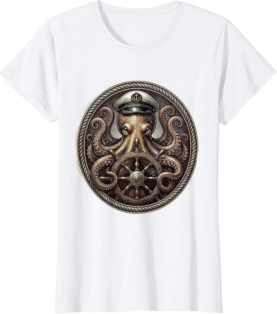Women's Octopus Captain at the Helm Nautical Design T-Shirt - White