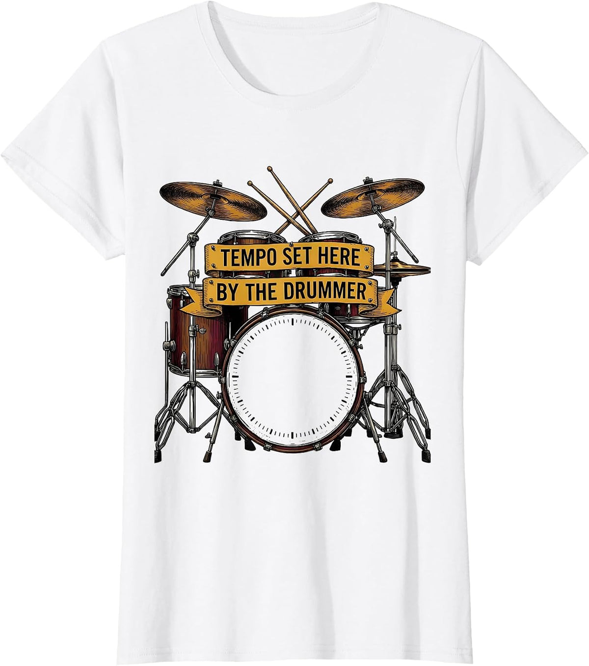 Women's Tempo Set Here By The Drummer Funny Drummer Humor Music T-Shirt - White