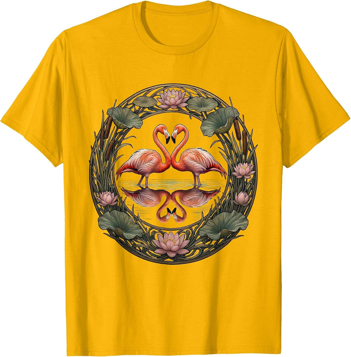 Flamingo Lake Reflection Mirrored Illustration T-Shirt - Golden Yellow