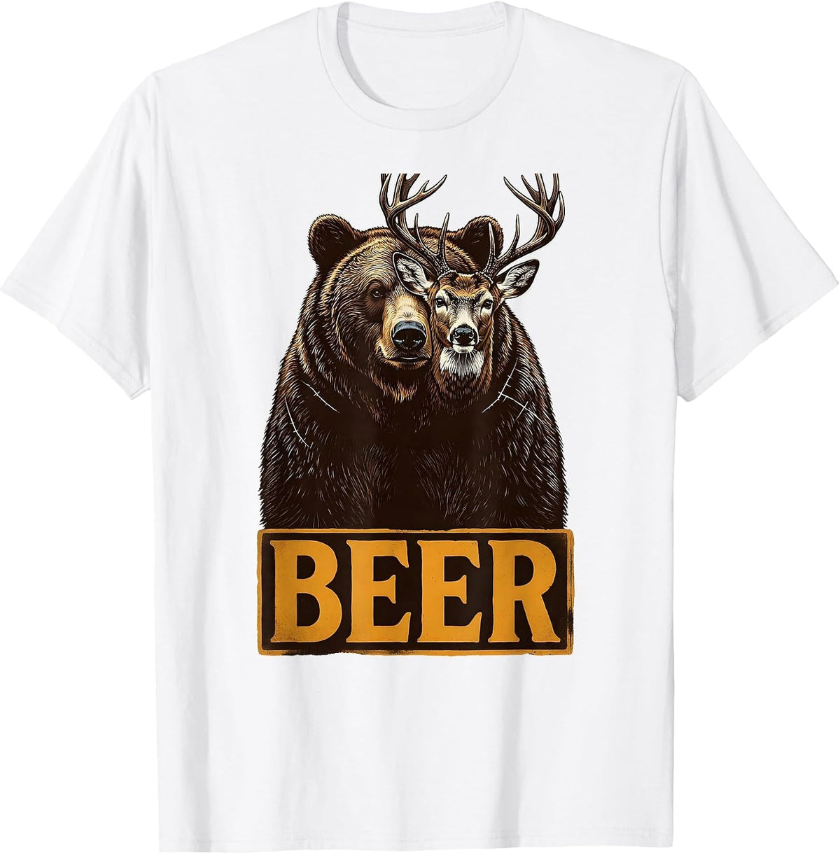 Men's BEER Funny Bear Deer Hunting Drinking Wood Type Letterpress T-Shirt - White