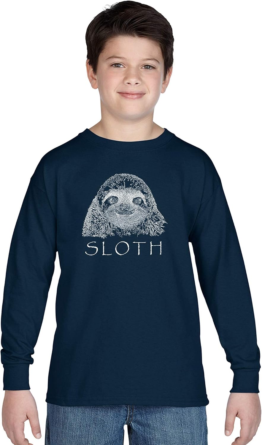 LA POP ART Boy's Word Art Long Sleeve - Sloth - Navy