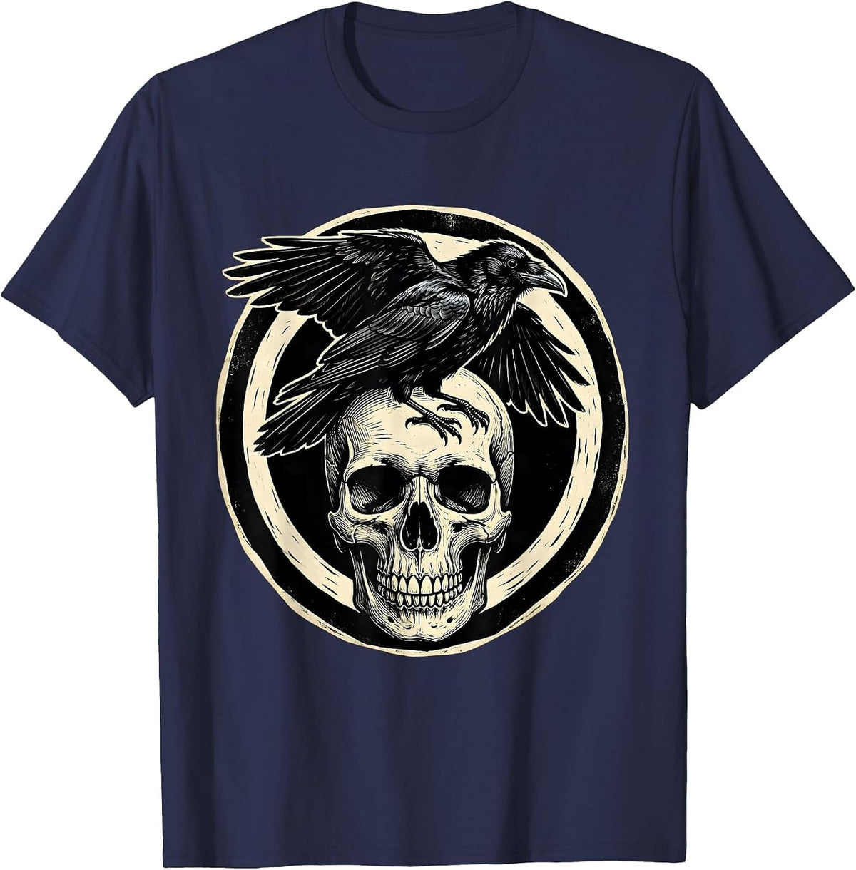 Crow Perched on Skull Gothic Dark Art Design T-Shirt - Navy Blue