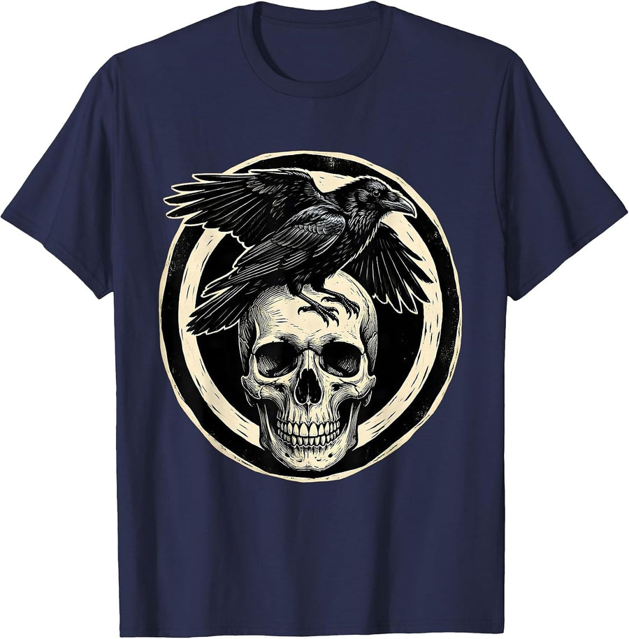 Crow Perched on Skull Gothic Dark Art Design T-Shirt - Navy Blue