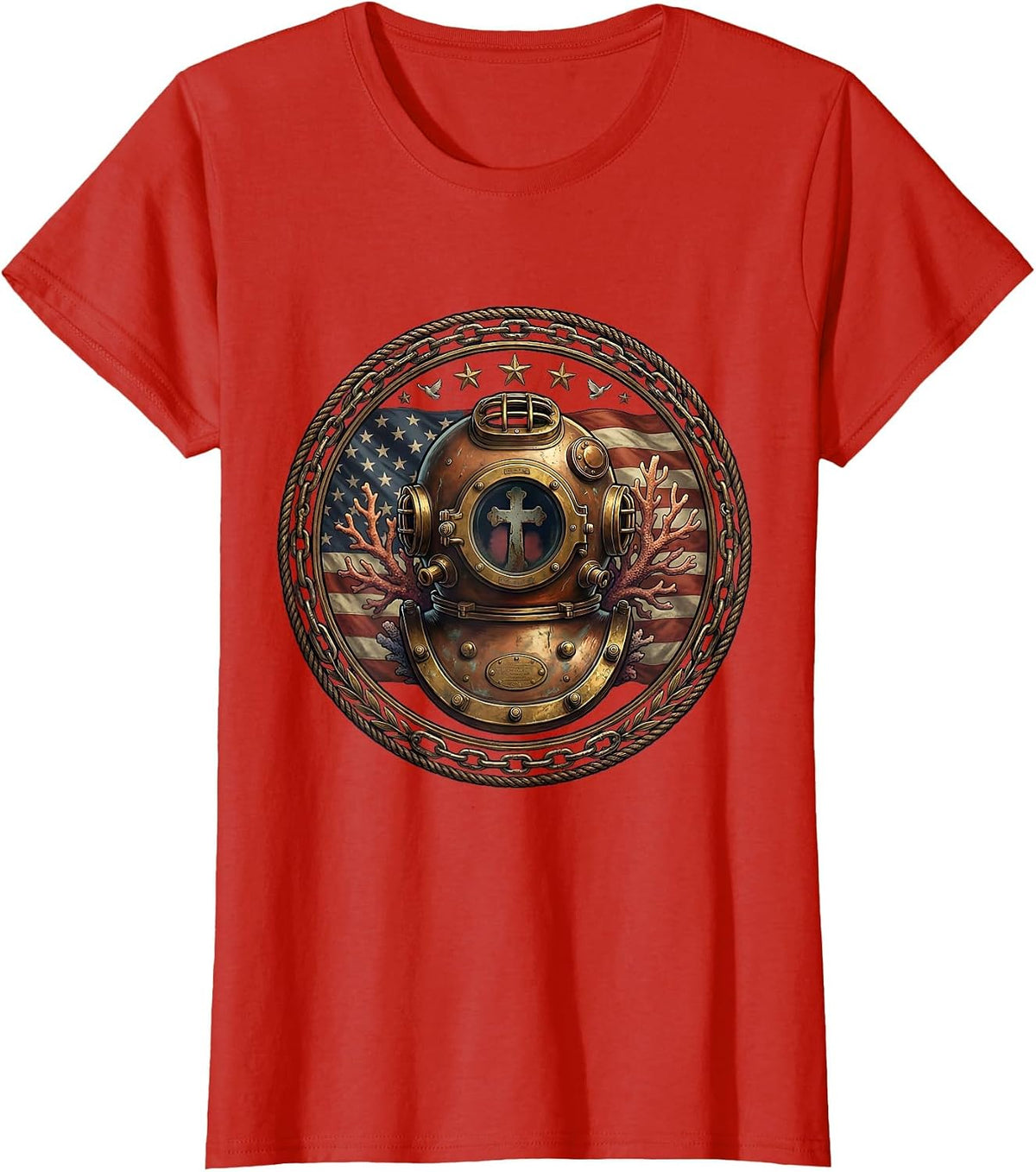 Red White and Blue Diving Helmet Coral Stars T-Shirt - Red