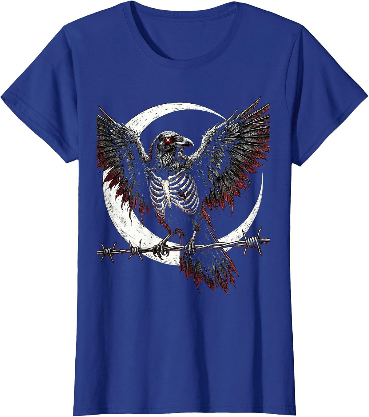 Women's Crow on Barbed Wire Fence Illustration T-Shirt - Royal Blue