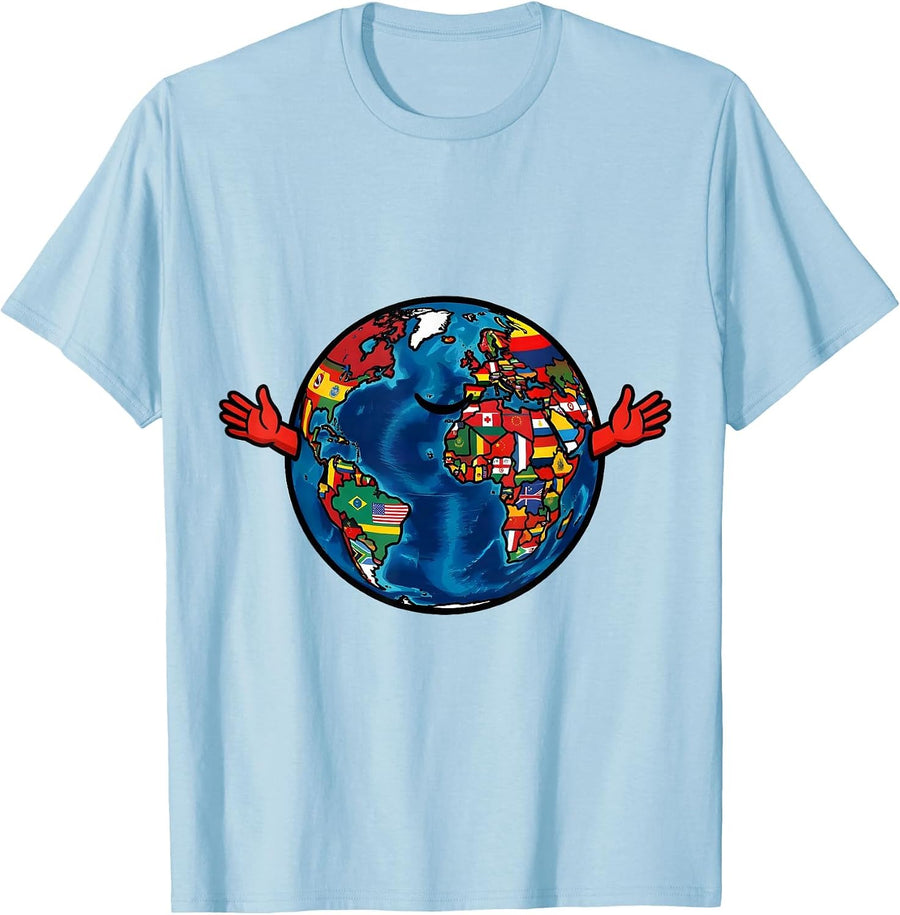 Men's Global Flags Mosaic Cartoon Geography Lover Travel T-Shirt - Baby Blue