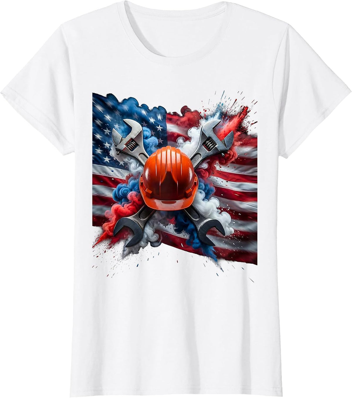 Hard Hat Crossed Wrenches American Flag Graphic T-Shirt - White