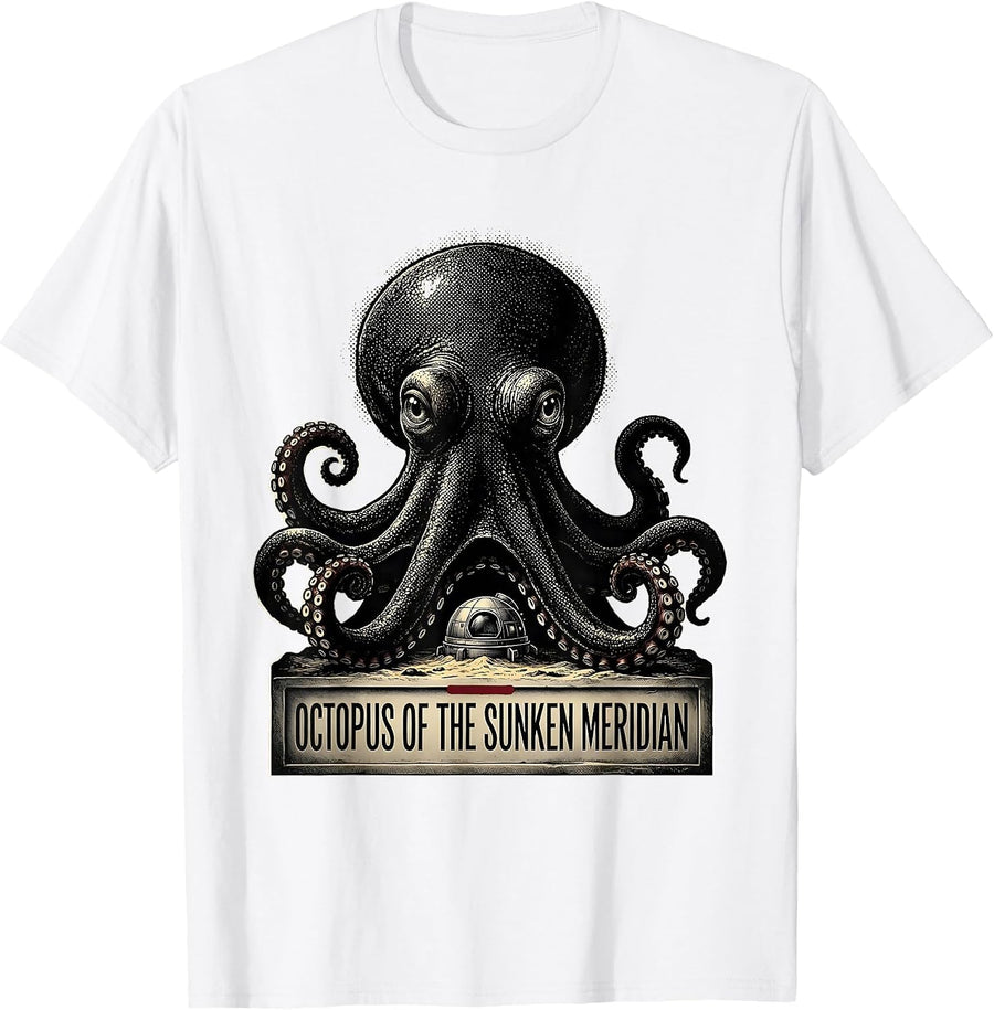 Men's Octopus of the Sunken Meridian Blackwork Dotwork Ocean T-Shirt - White