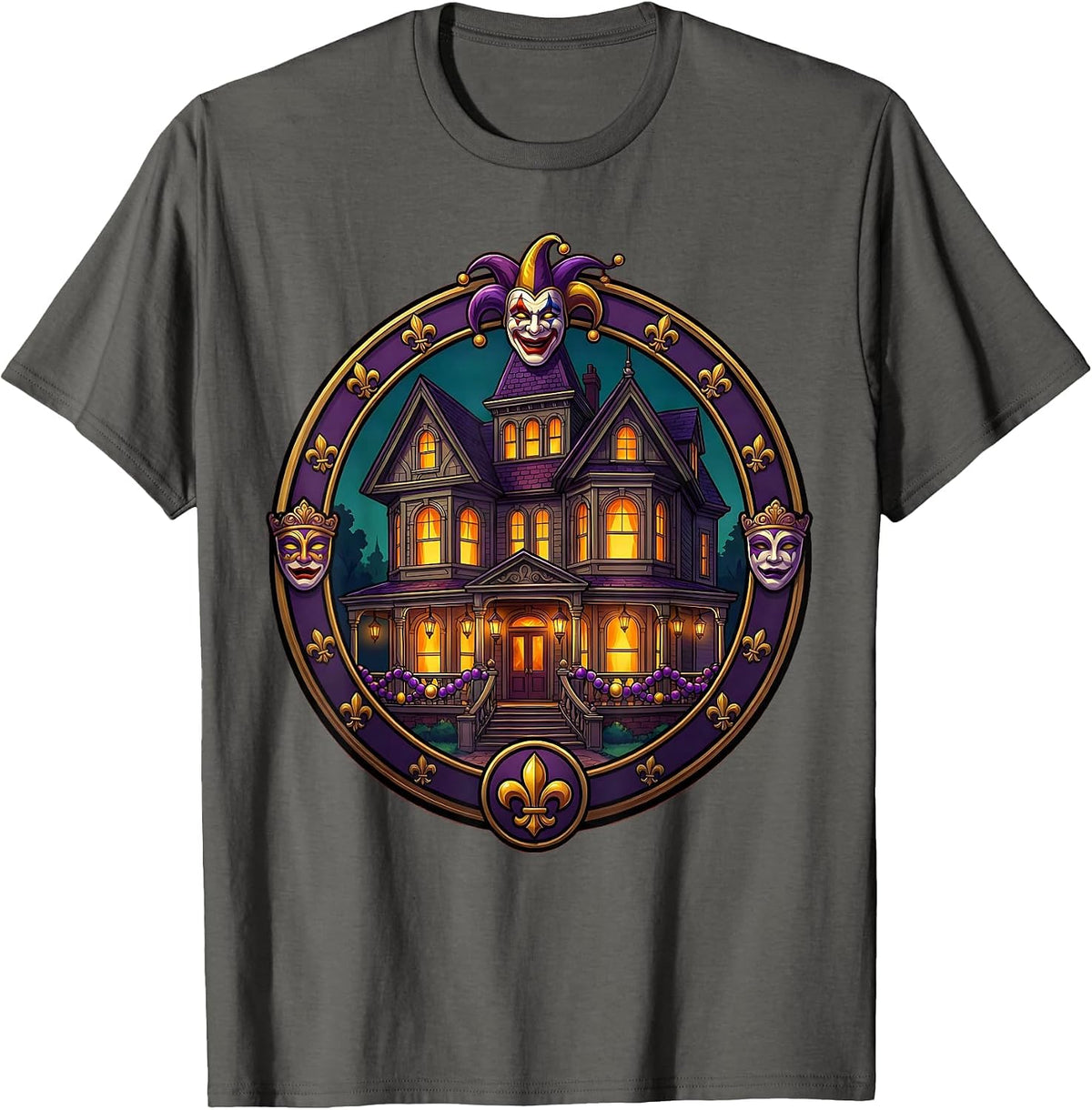 Men's Mardi Gras Victorian Mansion Lantern Balcony T-Shirt - Asphalt Grey