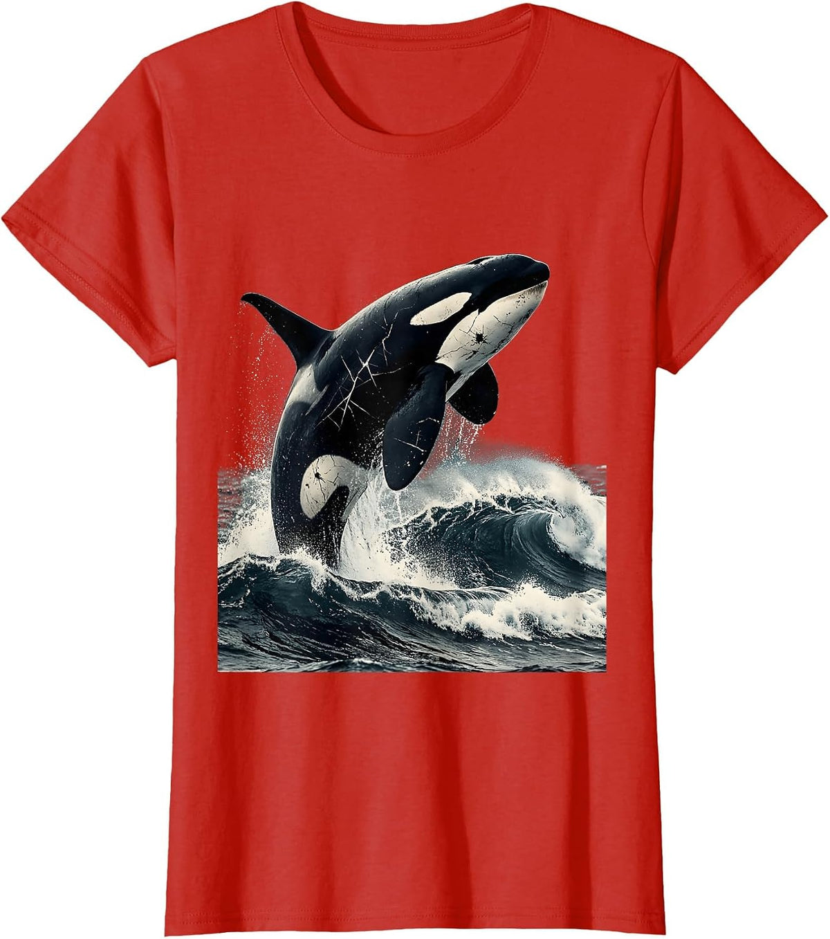Alaska Orca Breaching Icy Ocean Waves Art T-Shirt - Red