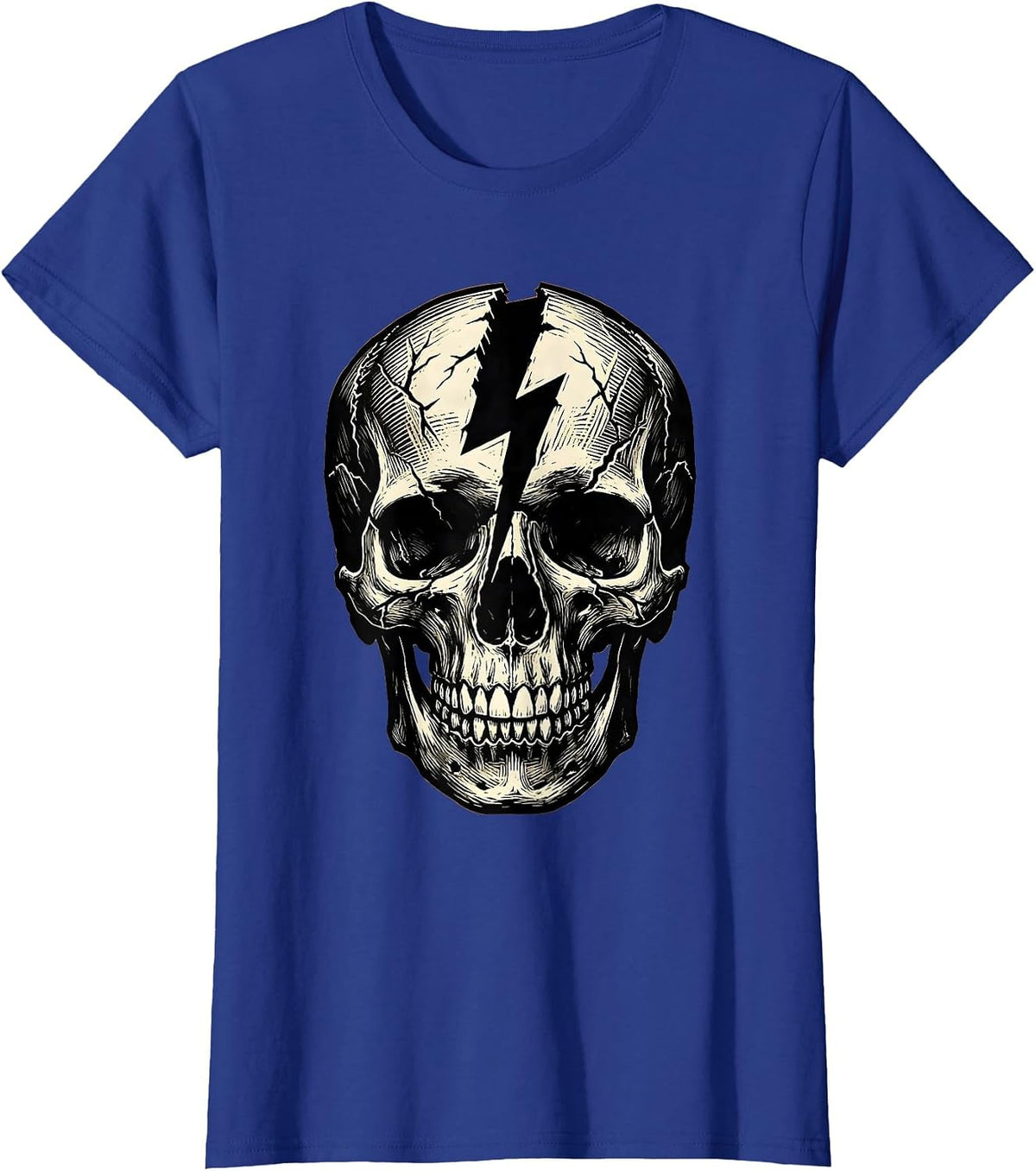 Women's Cracked Skull Lightning Bolt Split Graphic T-Shirt - Royal Blue