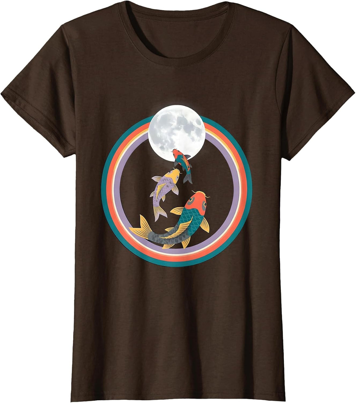 Women's Three Koi Fish Moon Flat Vector Animal Meme Parody T-Shirt - Brown