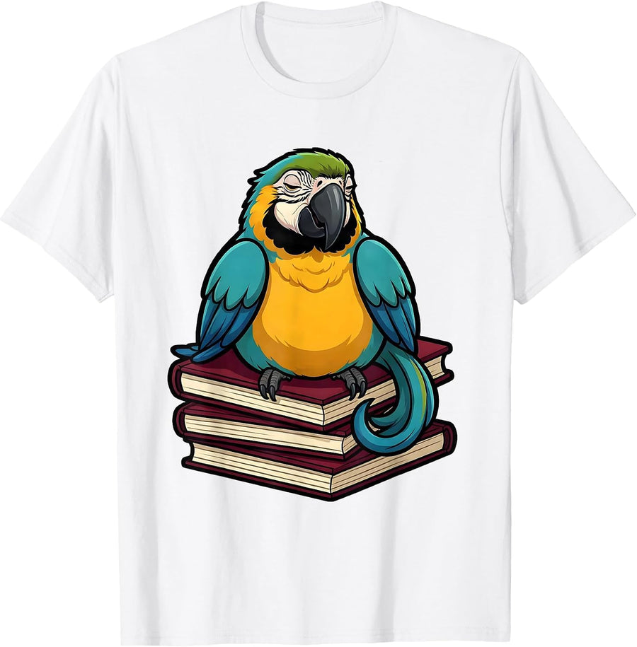 Men's Parrot on Books Cartoon Book Lover Pet Humor T-Shirt - White
