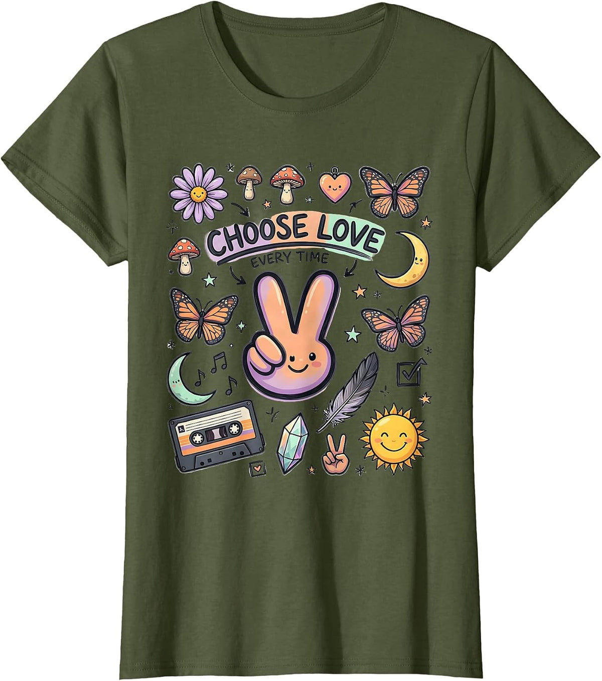 Women's Choose Love Every Time Hippie Boho Design T-Shirt - Olive Green