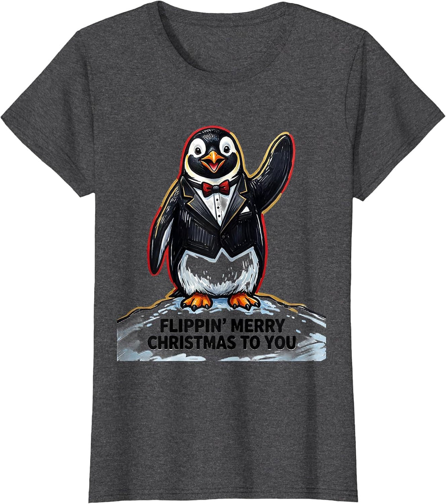 Women's Flippin' Merry Christmas To You Funny Penguin Lover Humor T-Shirt - Dark Heather Grey