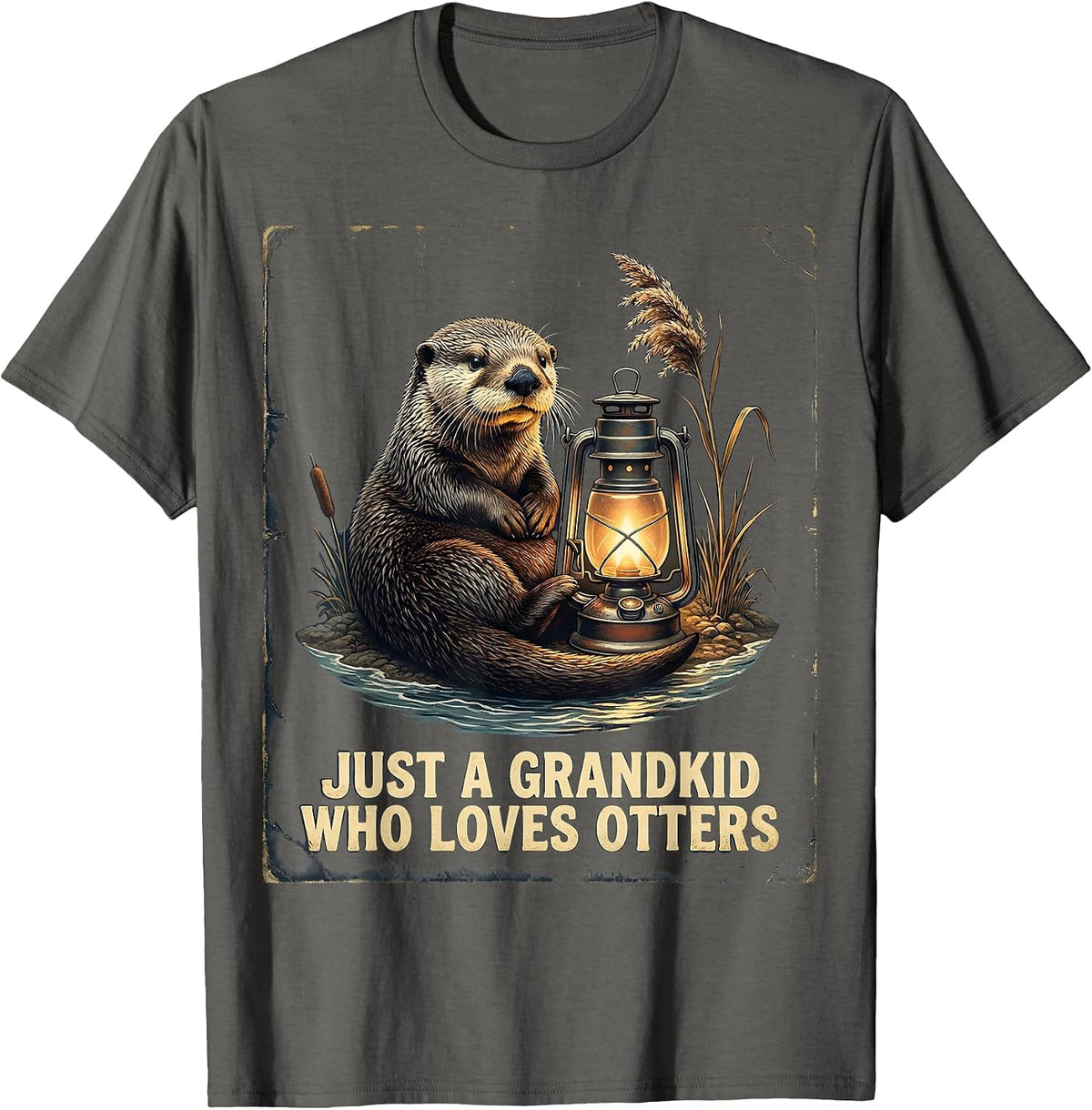 Just A Grandkid Who Loves Otters Vintage Otter Lover Humor T-Shirt - Asphalt Grey