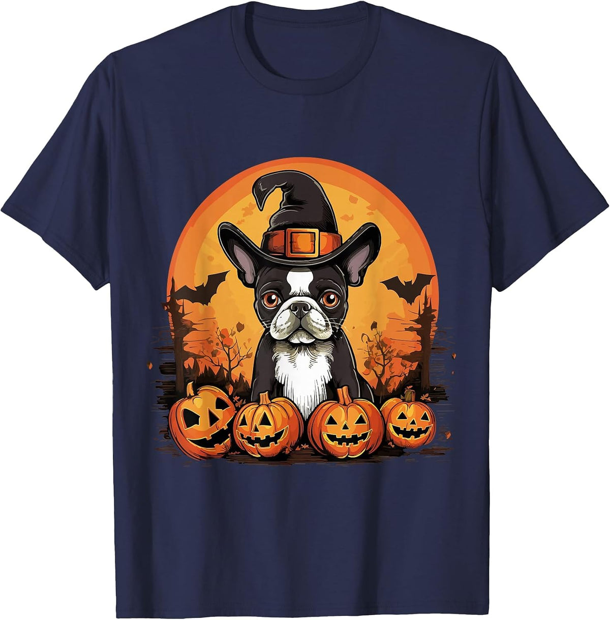 Boston Terrier Bostie Dog Breed Pet Halloween Pumpkins T-Shirt - Navy Blue
