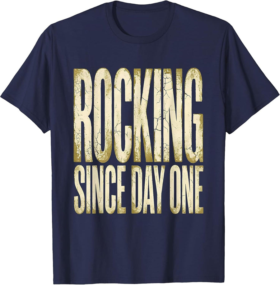 Rocking Since Day One Bold Rock Music Design T-Shirt - Navy Blue