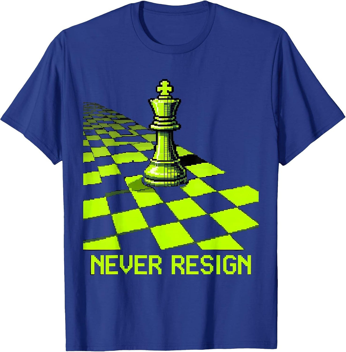 Men's Never Resign Pixel Art Chess Player Strategic Wit Humor T-Shirt - Royal Blue