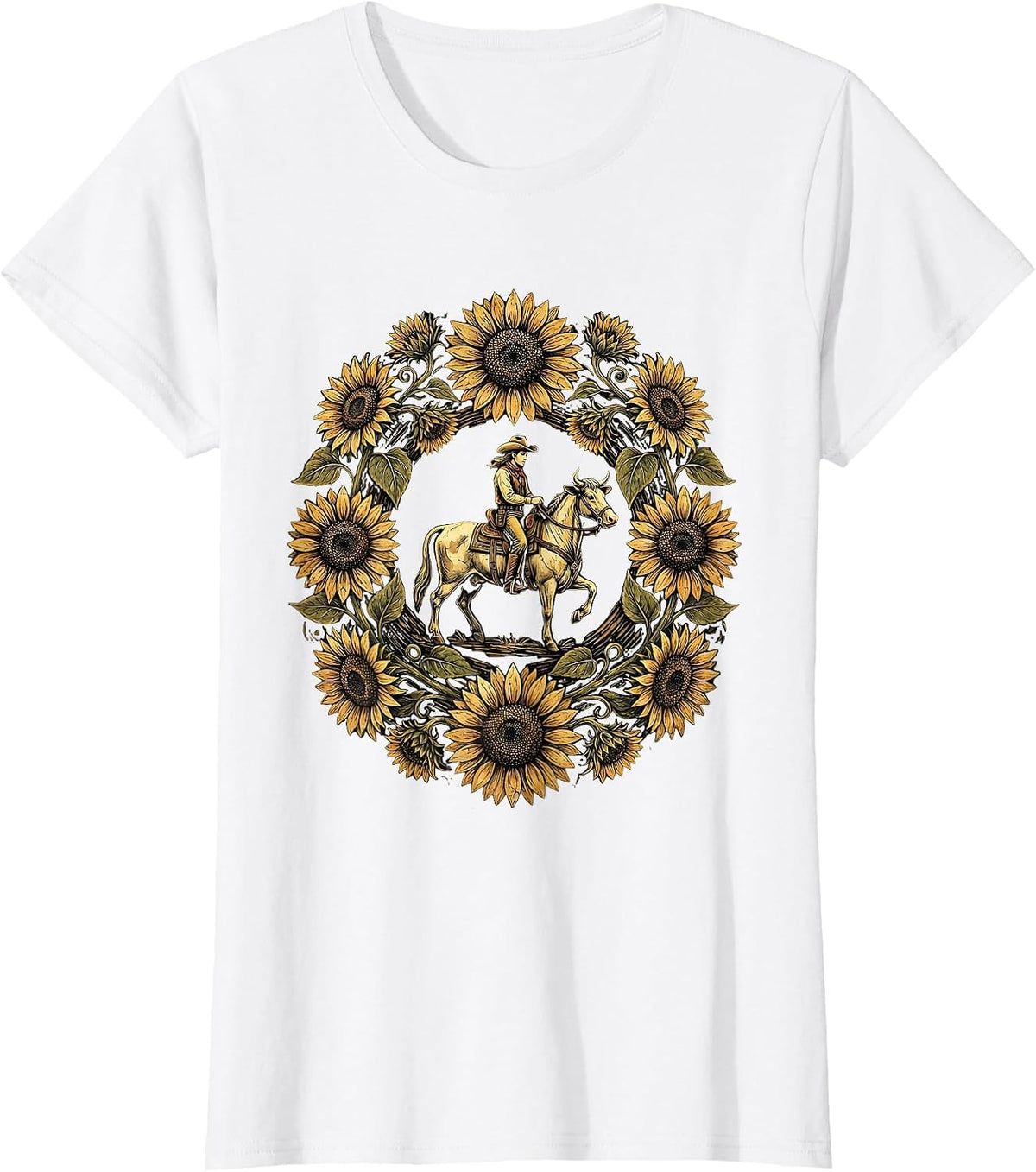 Cowgirl Riding Horse Through Sunflower Field T-Shirt - White