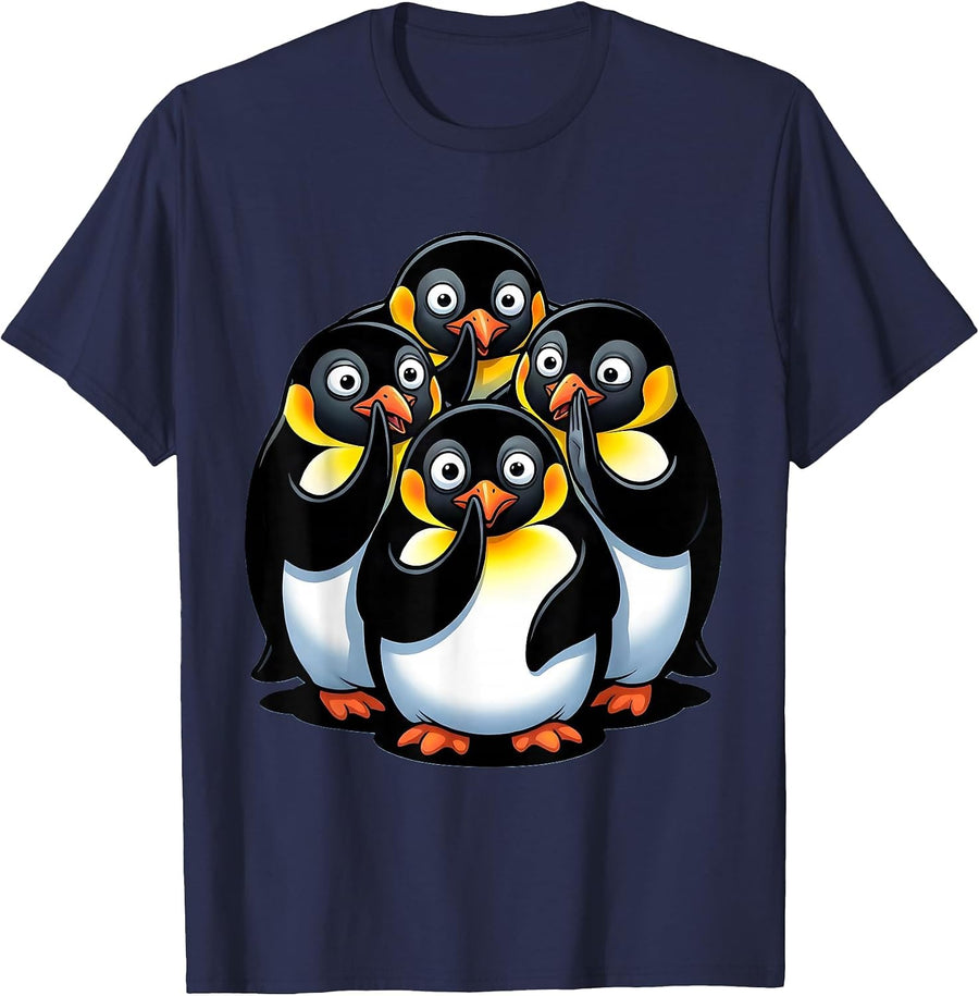 Penguins Whispering Huddle Funny Animal Group T-Shirt - Navy Blue