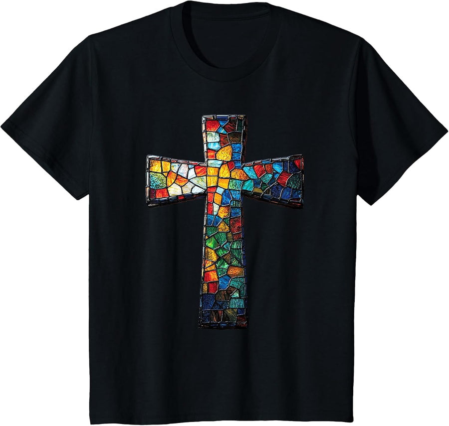 Colorful Stained Glass Cross with Mosaic Design T-Shirt - Black