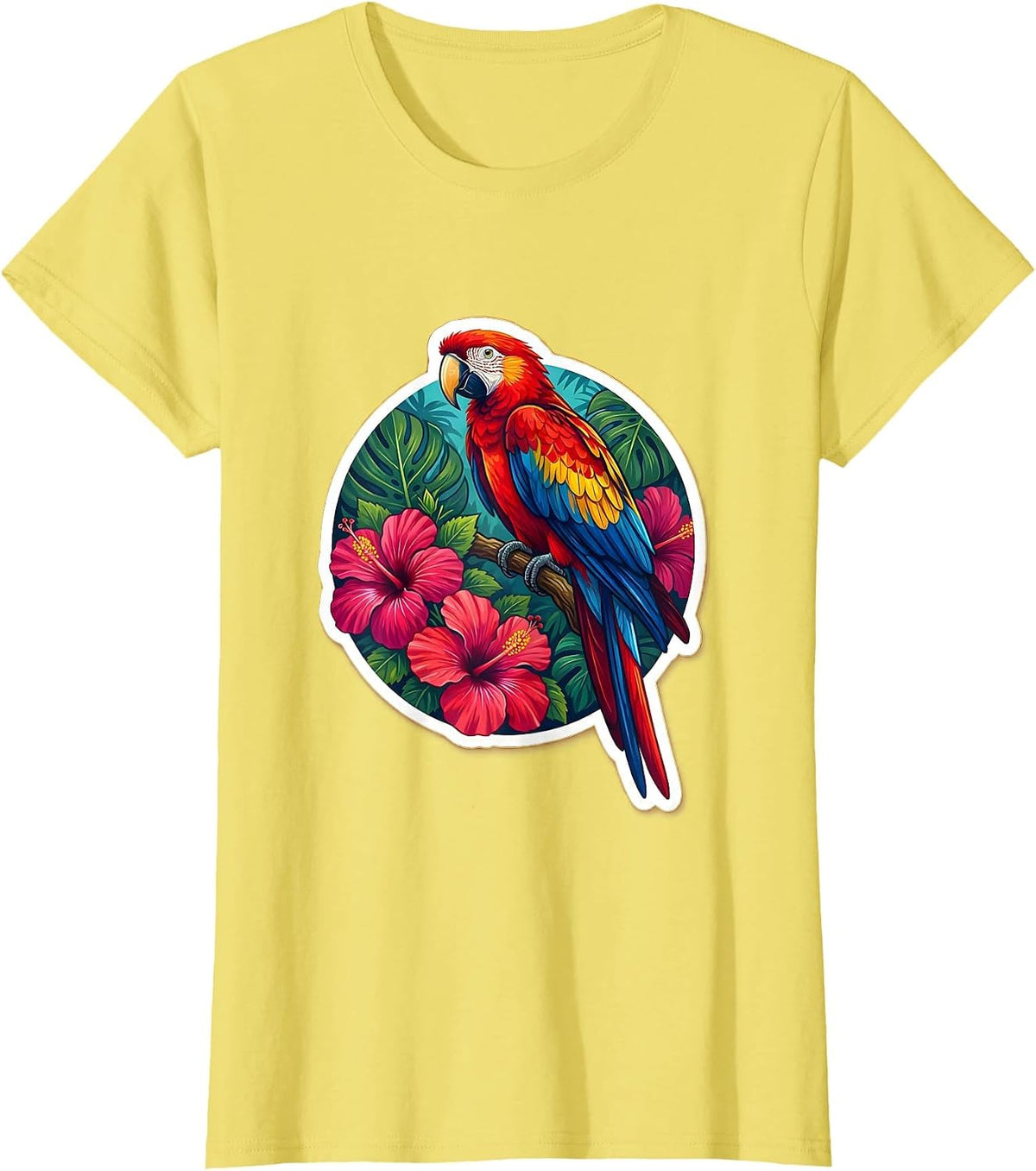 Colorful Parrot Hibiscus Mexican Floral Art T-Shirt - Lemon Yellow