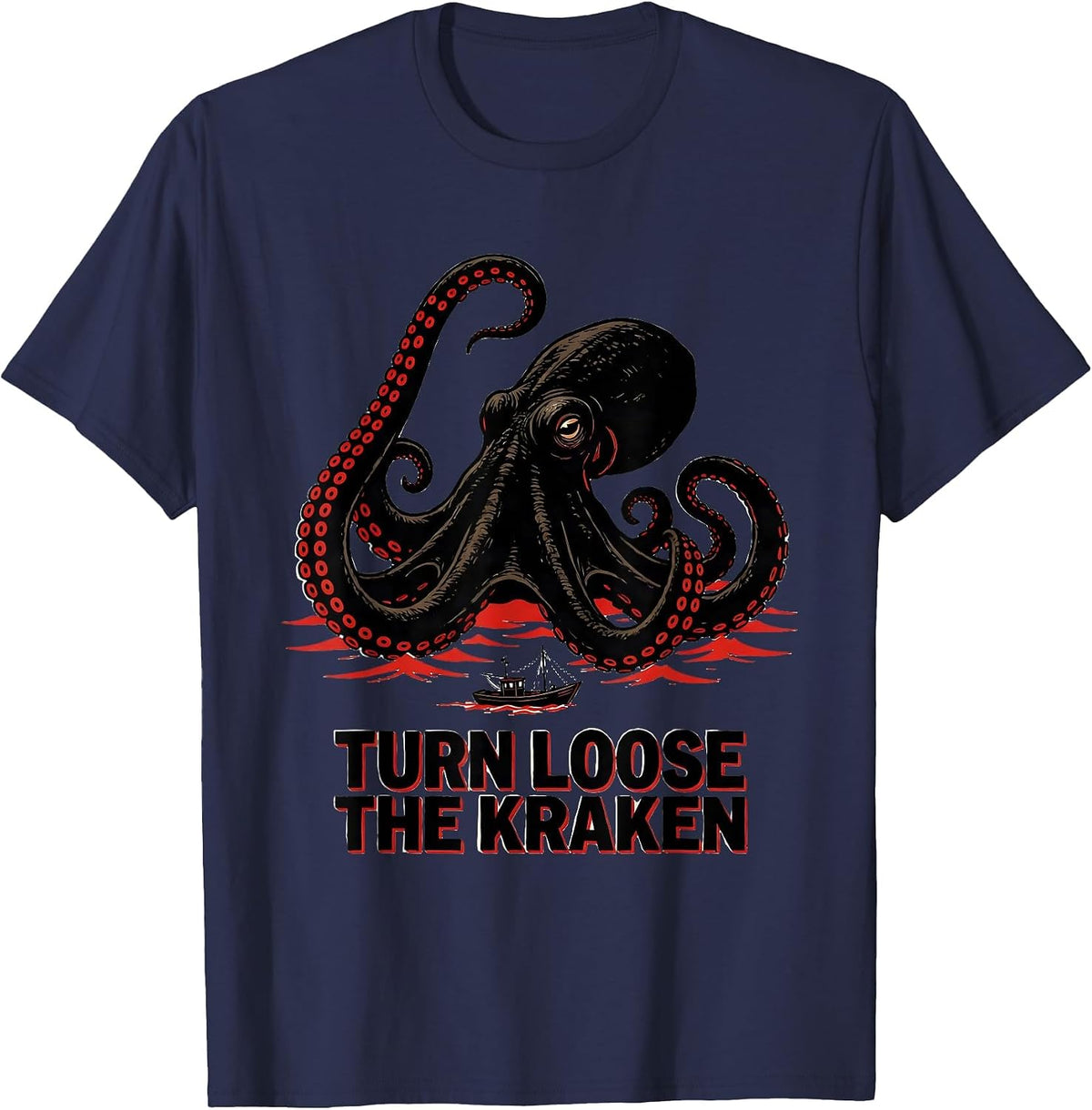 Turn Loose The Kraken Wood Type Letterpress Octopus Lover T-Shirt - Navy Blue