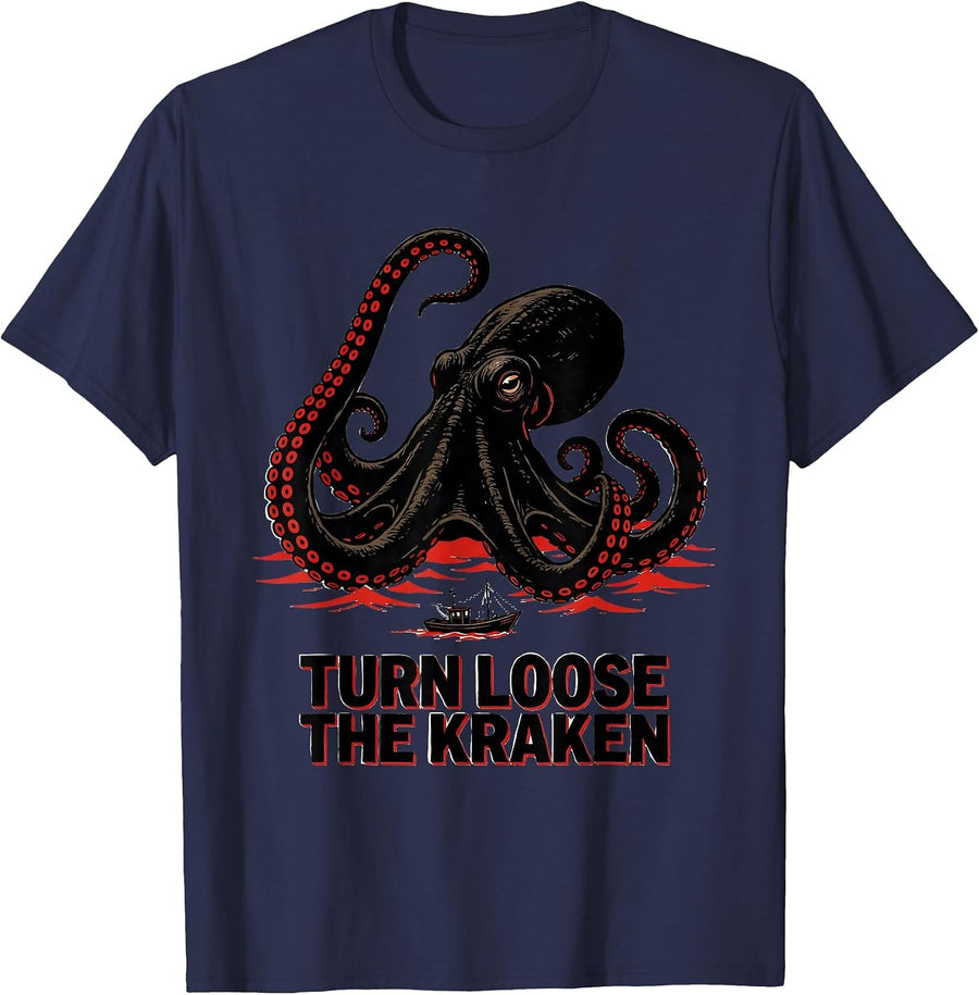 Turn Loose The Kraken Wood Type Letterpress Octopus Lover T-Shirt - Navy Blue