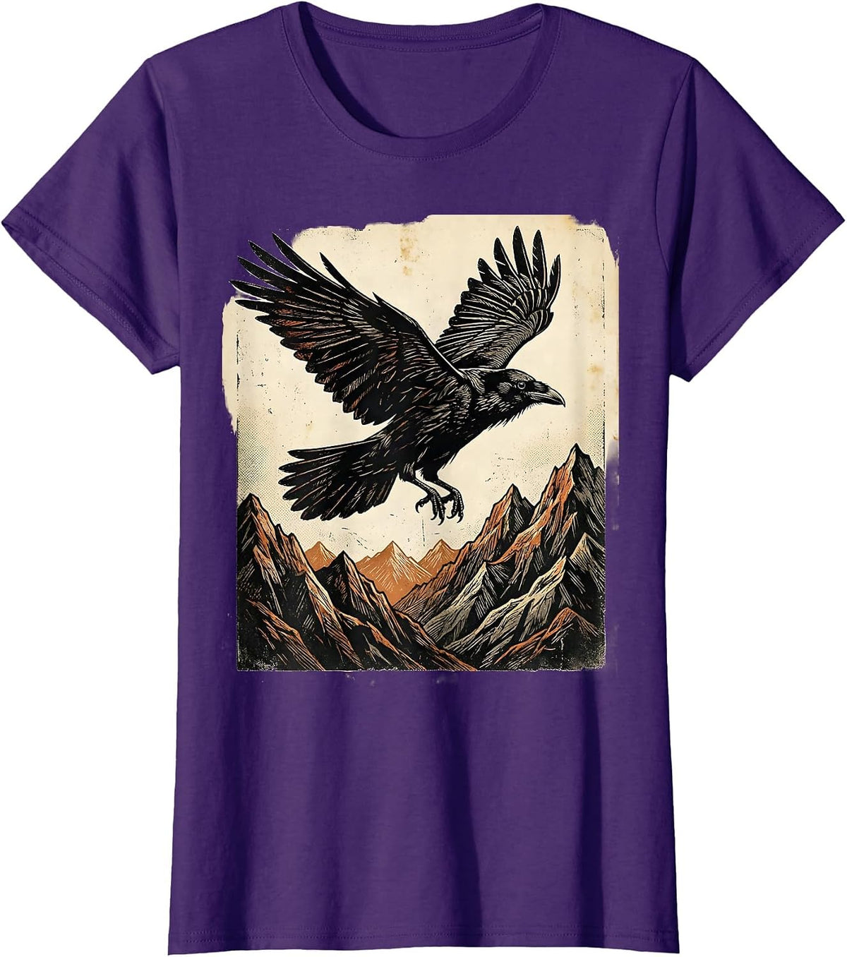 Women's Crow Soaring Over Mountain Peaks Graphic T-Shirt - Purple