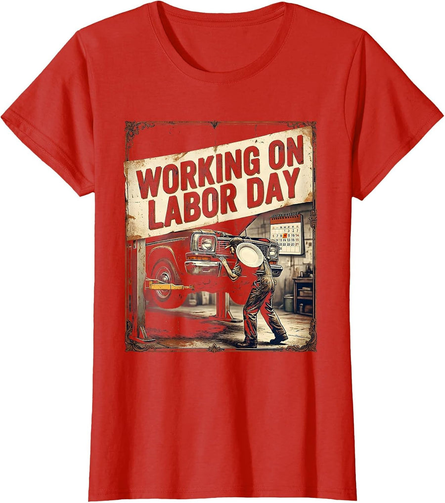 Women's Working On Labor Day Vintage Mechanic Labor Day Humor T-Shirt - Red