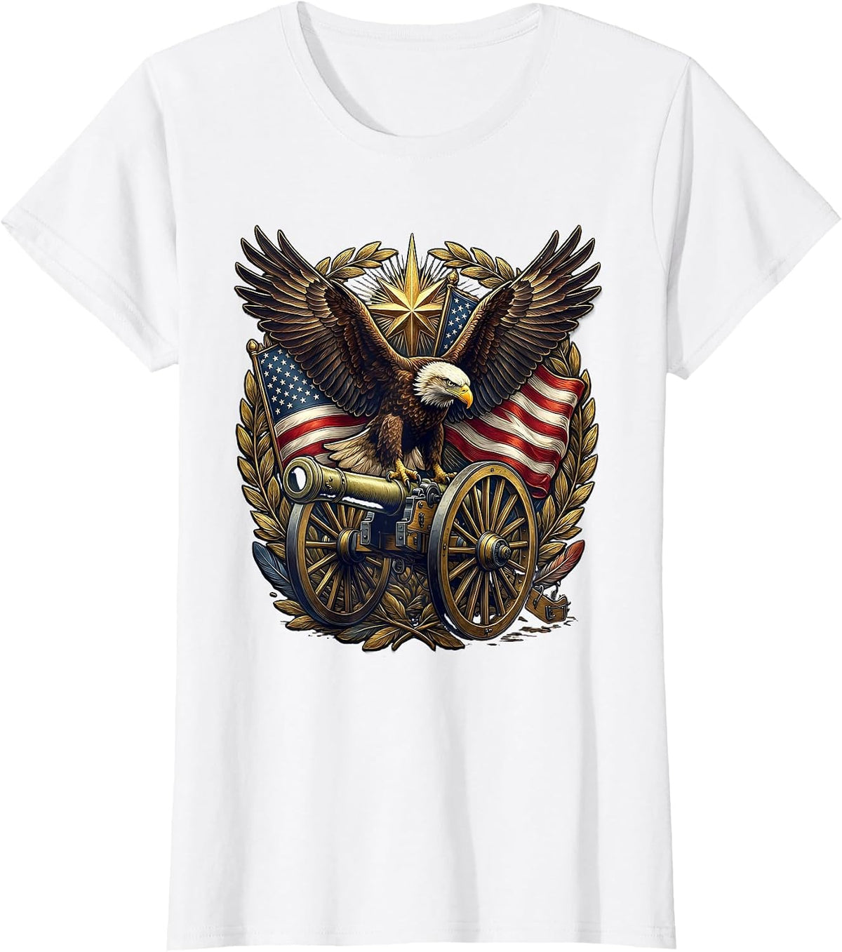 Bald Eagle on Cannon US Army Patriotic Graphic T-Shirt - White