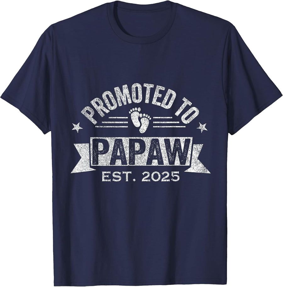 Promoted to Papaw Est. 2025 First Time Grandpa T-Shirt - Navy Blue