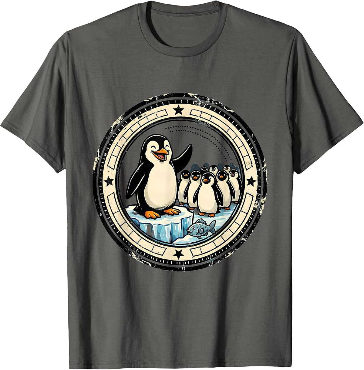 Men's Penguin Badge Cartoon Animal Humor Novelty T-Shirt - Asphalt Grey