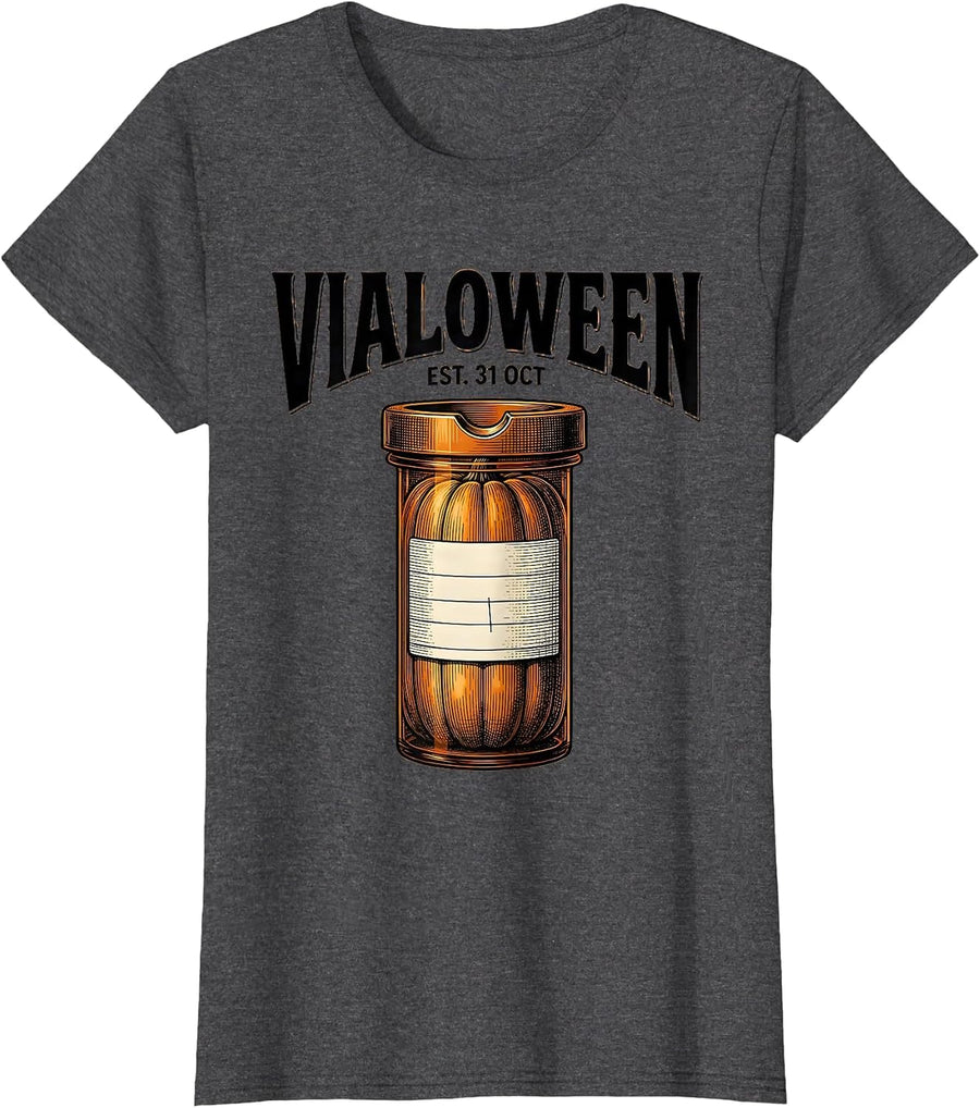Women's Vialoween Crosshatch Etching Funny Pharmacy Halloween T-Shirt - Dark Heather Grey