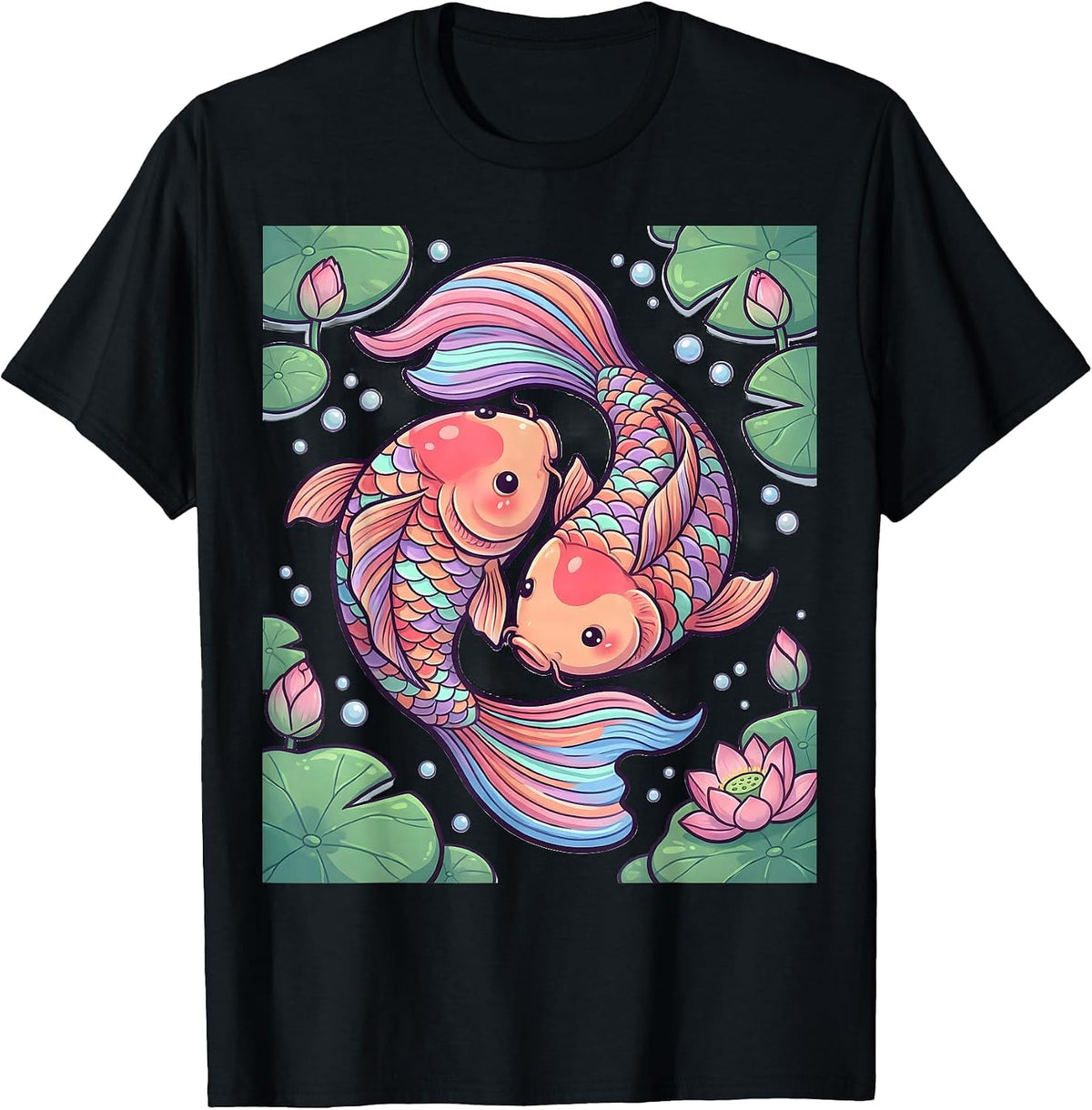 Men's Rainbow Koi Fish Pond Illustration T-Shirt - Black