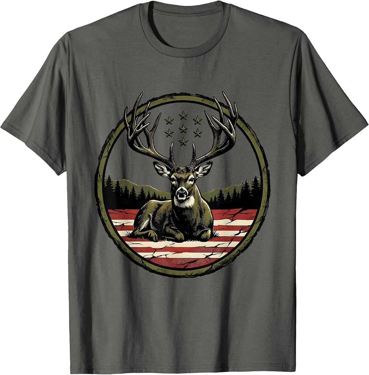 Whitetail Buck Patriotic Deer Hunter Dad Gift T-Shirt - Asphalt Grey