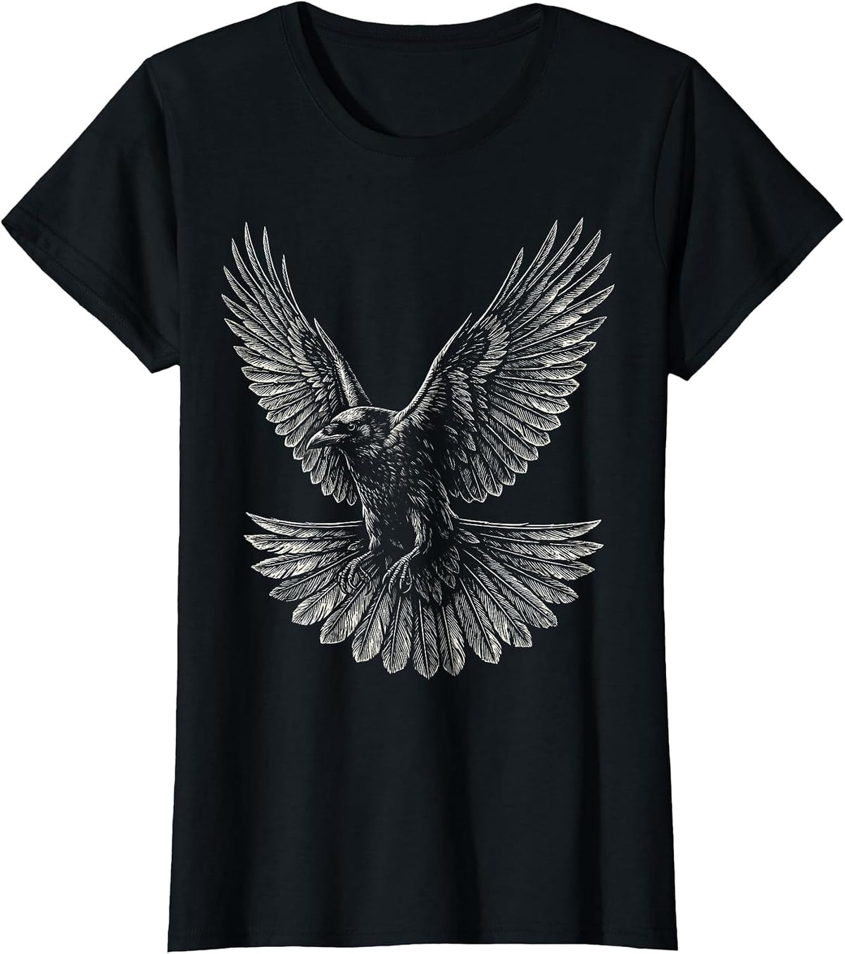 Crow in Flight Spread Wings Graphic Tee T-Shirt - Black