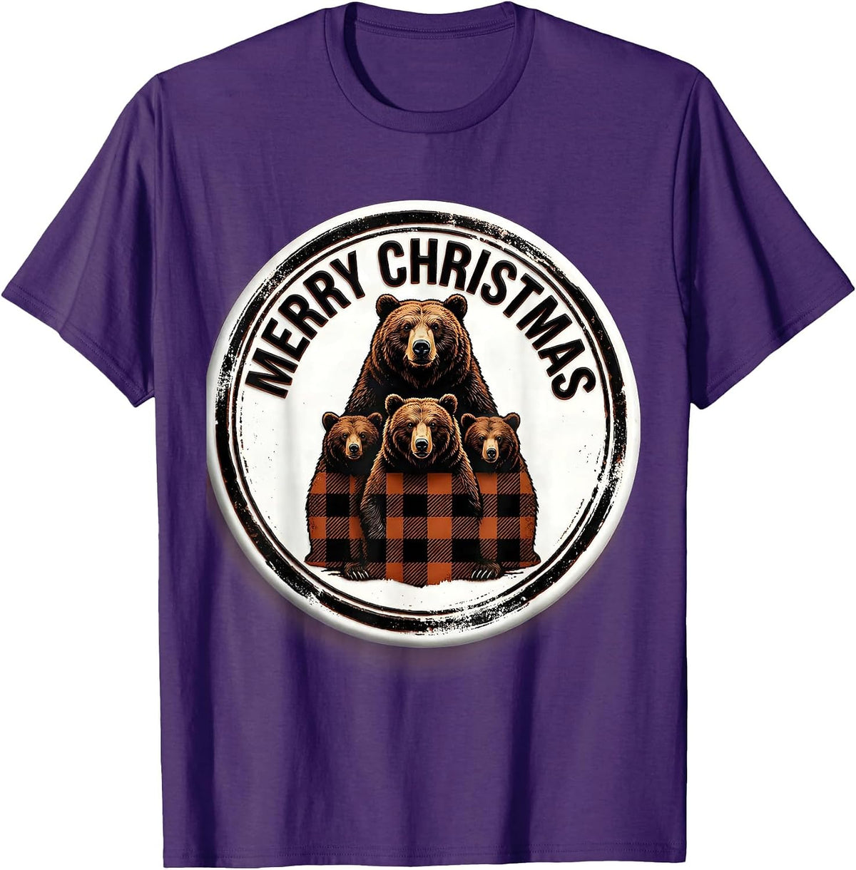 Merry Christmas Rubber Stamp Bear Family Buffalo Plaid T-Shirt - Purple