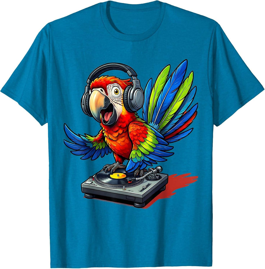 Funny Parrot DJ Booth Headphones Graphic Tee T-Shirt - Sapphire Blue