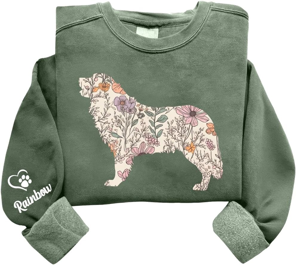 Personalized Floral Dogs Sweatshirt for Women, Custom Pet Name on Sleeve, Dog Lover Crewneck, Dog Mom Gift - Bernese Mountain